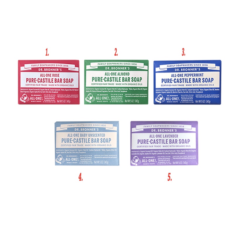 Dr Bronner's140gr All One Rose Almond Peppermint Unscented Lavender Pure Castile Bar Soap Sabun Batang Sabun Mandi Dr Bronners drbronners Dr Broner Bronner