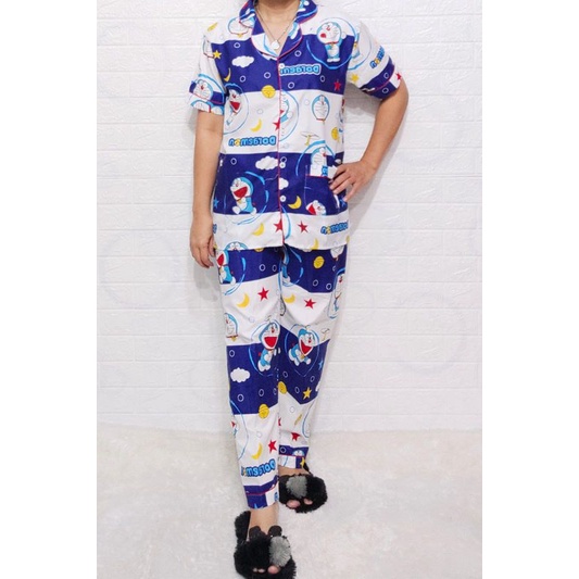 Baju Tidur Piyama Wanita Motif Doraemon  Salur Pajamas Katun  / Baju Tidur setelan Wanita Katun CP DEWASA Terbaru Bigsize Kekiniaan