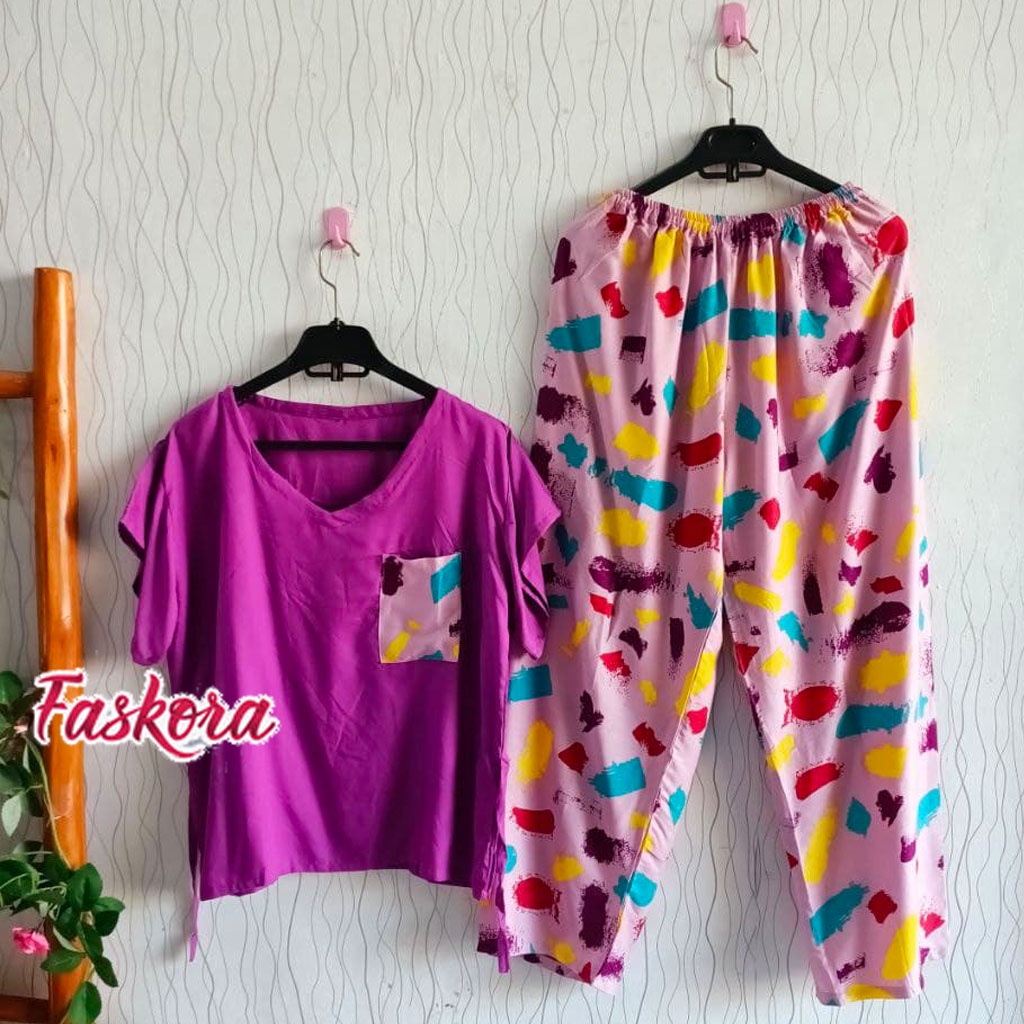 Piyama Rayon Jumbo Lengan Pendek One Set Wanita Kekinian Remaja Pajamas Polos Kombinasi Auristela-6