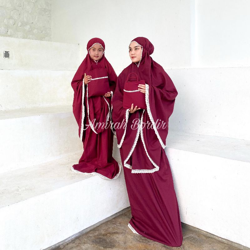 MUKENA COUPLE / MUKENA SARIMBIT MURAH KATUN POLOS RENDA RAJUT DEWASA ( IBU) &amp; ANAK ( 1,5 TAHUN - 16 TAHUN)