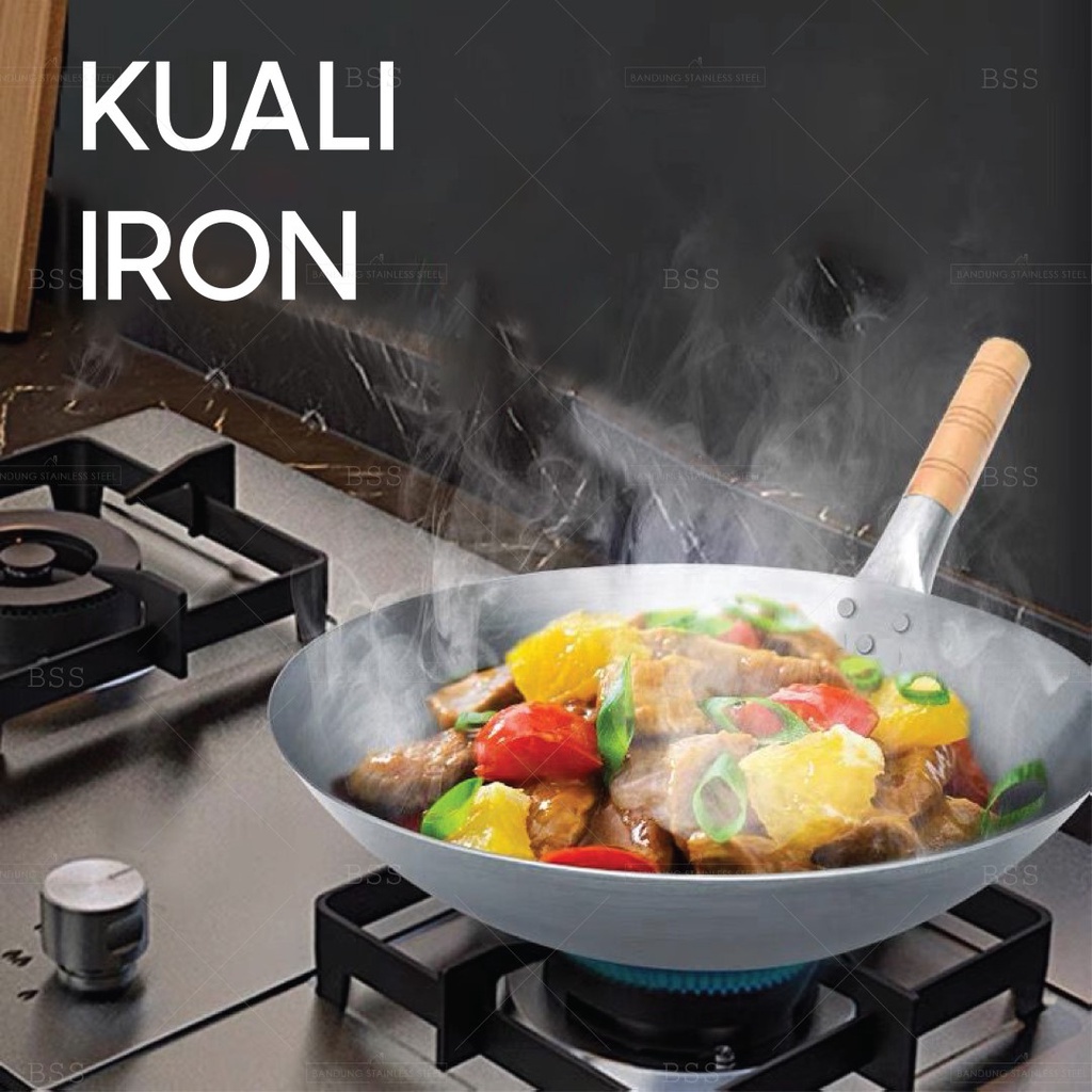 Wajan Besi Besar Tebal Wok Kuali Iron Pegangan Kayu 36cm 42cm 43cm Penggorengan Goreng