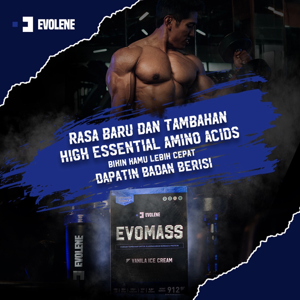 Evomass Vanila 2 LBS - Penambah massa otot - Suplemen fitness - Pembentuk otot - Kaya Nutrisi - Surplus kalori - Minuman susu workout - Susu penambah berat badan - Mass Gainer - Suplemen penambah berat badan Evolene Evoline Evolen