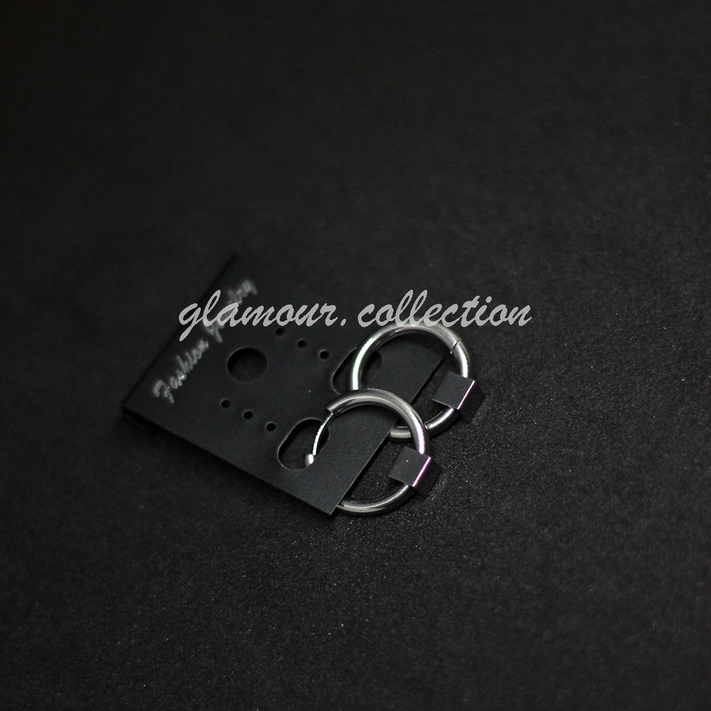 Anting Tindik Telinga Pria Titanium Model Bulat/Ring Bandul Kotak Ala Kpop Punk SILVER 14mm