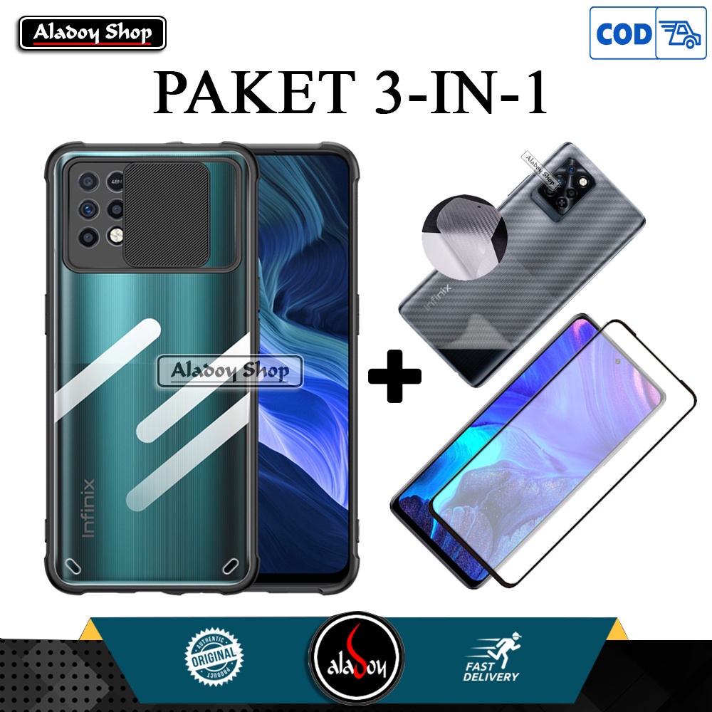 3 IN 1 Case INFINIX NOTE 10 PRO NFC 2021 Premium Casing + Tempered Glass Layar dan Skin Carbon