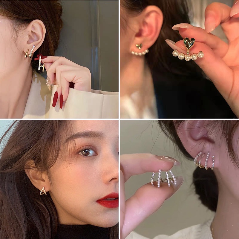 Anting stud 925 silver needle Bentuk Empat Cakar Hati Aksen Mutiara Berlian Imitasi Gaya Korea Untuk Wanita