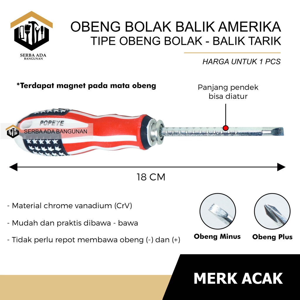 OBENG 2 IN 1 JUMBO BODY BESAR (MOTIF USA AMERICA) 4INCH / MATA PLUS &amp; MINUS - + TERMURAH HIGH QUALIT