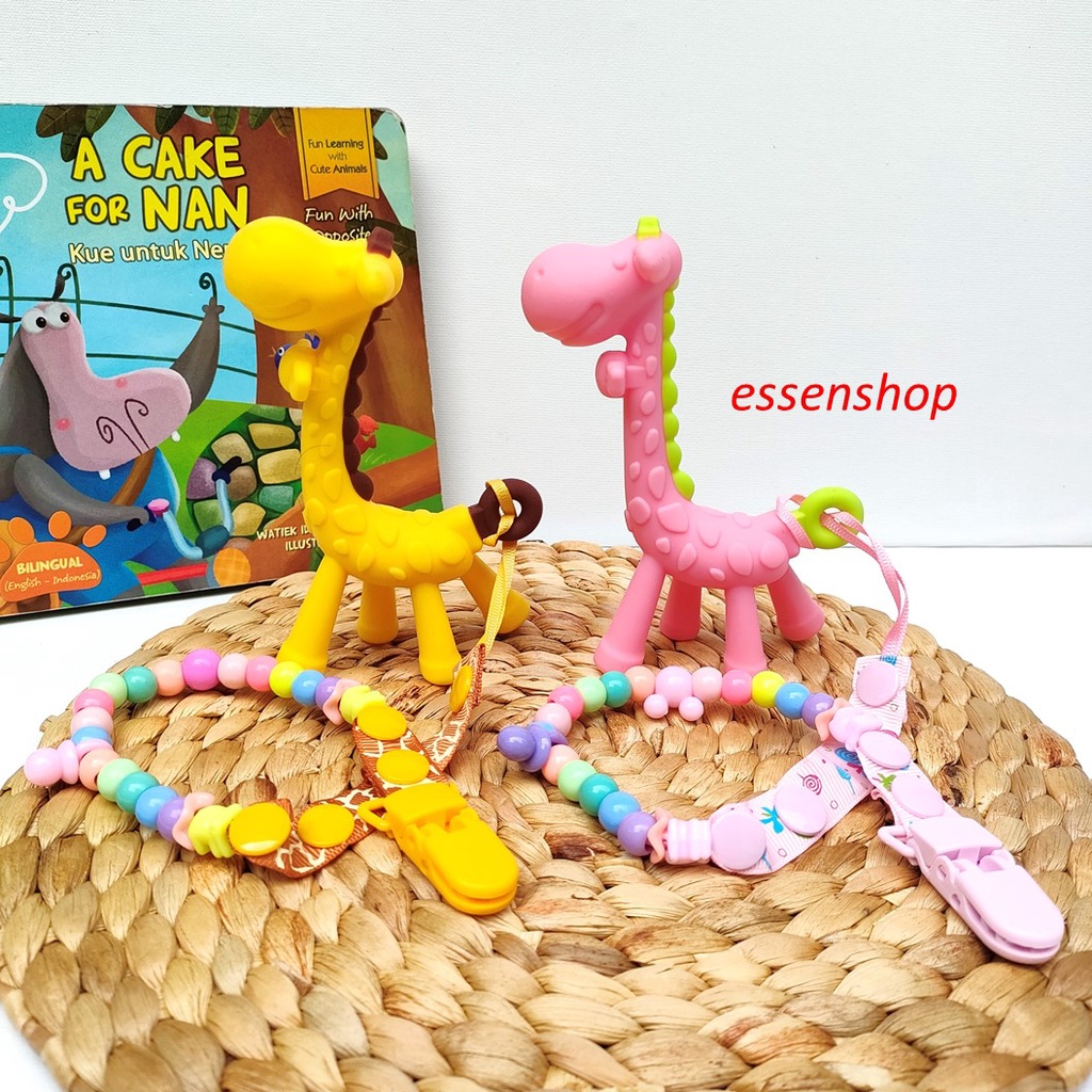 Teether Jerapah Giraffe plus Tali klip Mainan Gigitan Silicone Bayi