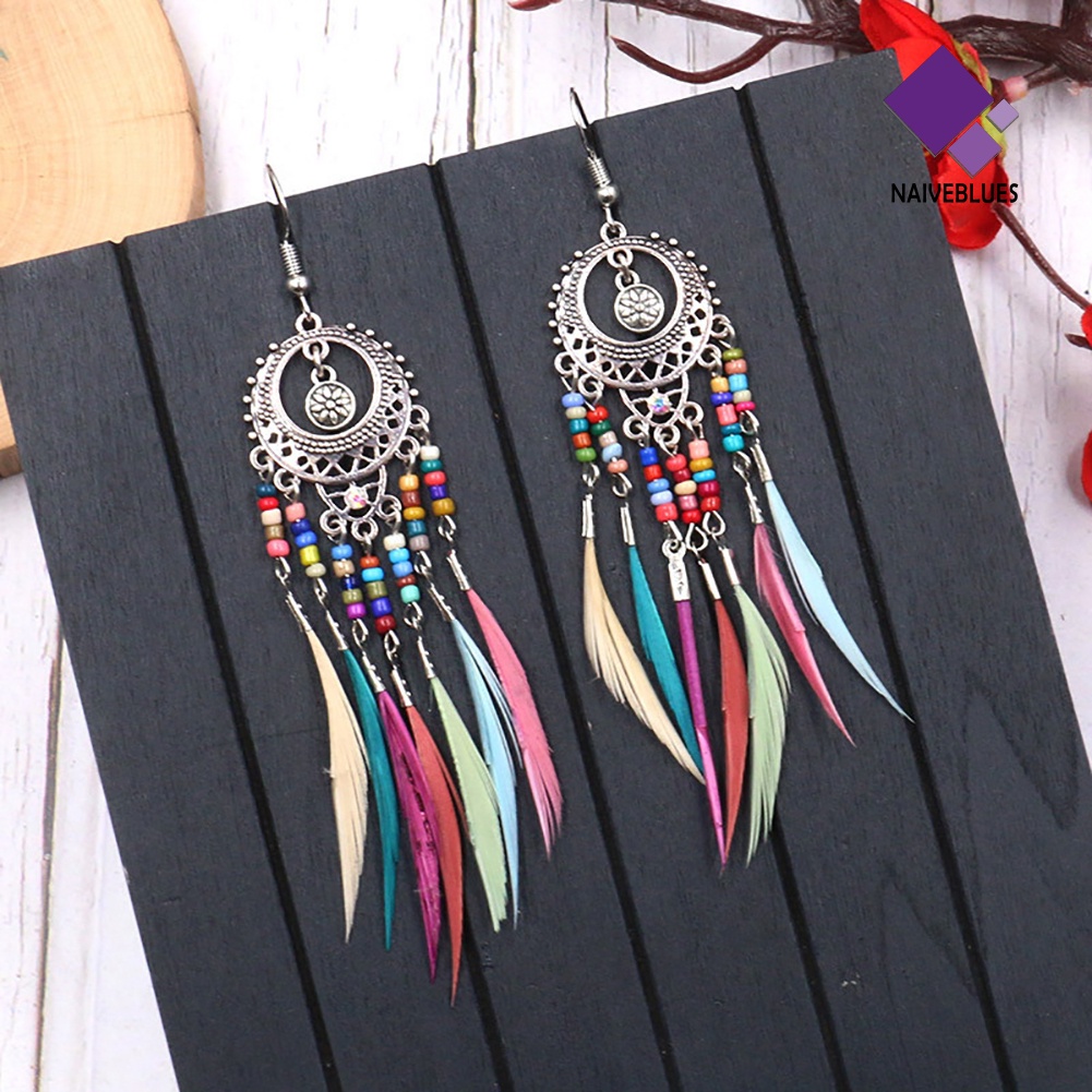 Anting Kait Gantung Desain Lingkaran Hollow Aksen Bulu Gaya Boho Untuk Wanita