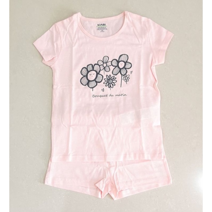 KIABI ECO DESIGN pink flowers shortie set girls, setelan kaos anak cewek