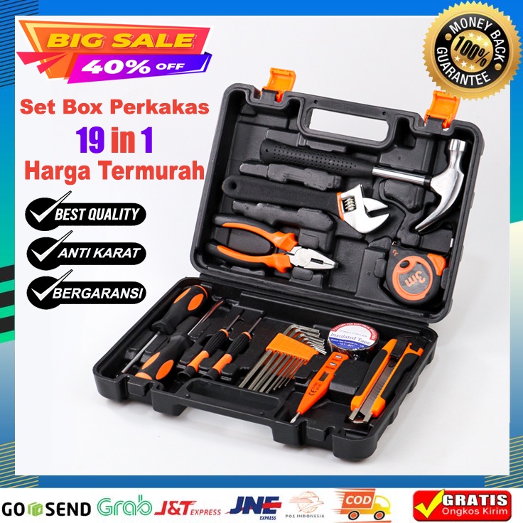 BISA COD Alat Set Perkakas Tang Palu Obeng With Box Set 19 in 1 -Alat Set Perkakas Palu Tang Obeng Kunci Pas Cutter kunci L - Toolset Toolkit Toolbox Tool Set Tool Kit Tool Box - set Alat Pertukangan Palu Tang Obeng meteran kunci inggris Cutter Tespen