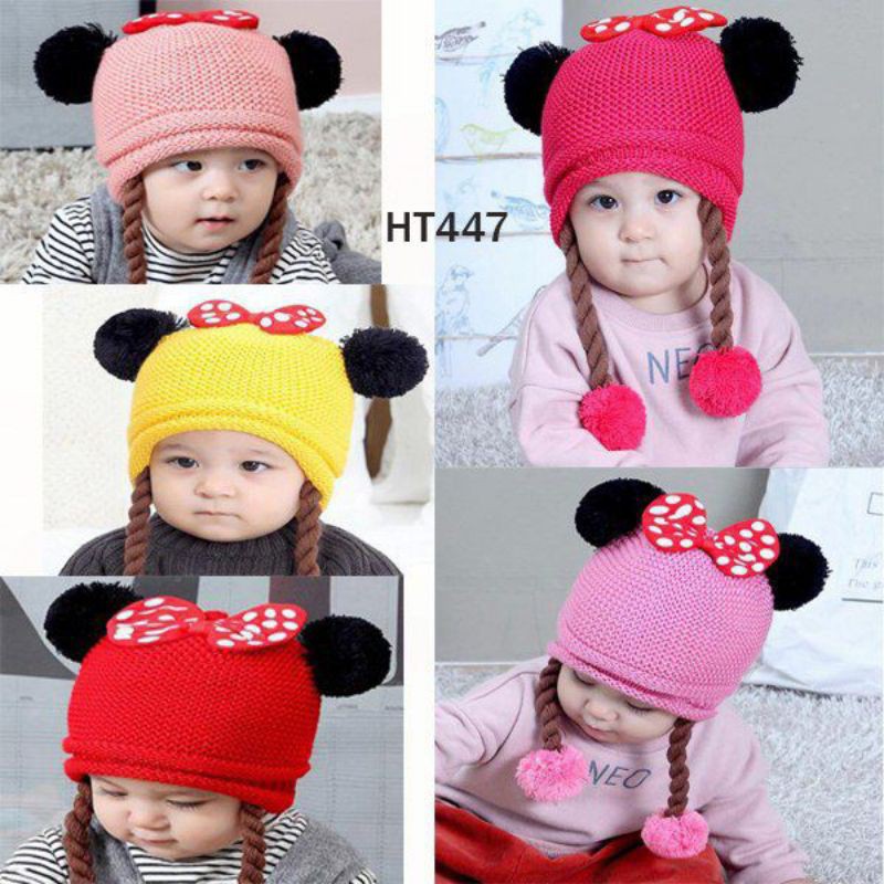 topi kupluk rajut anak bayi kepang pita import/topi rajut anak perempuan/topi rajut