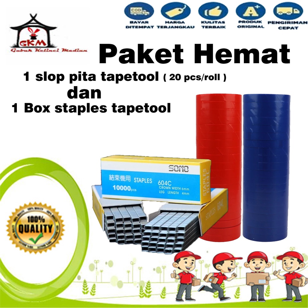 Paket Hemat 1 Slop Pita Tapetool Isi 20 Rol Dan 1 Box Staples Tapetool Isi 10000