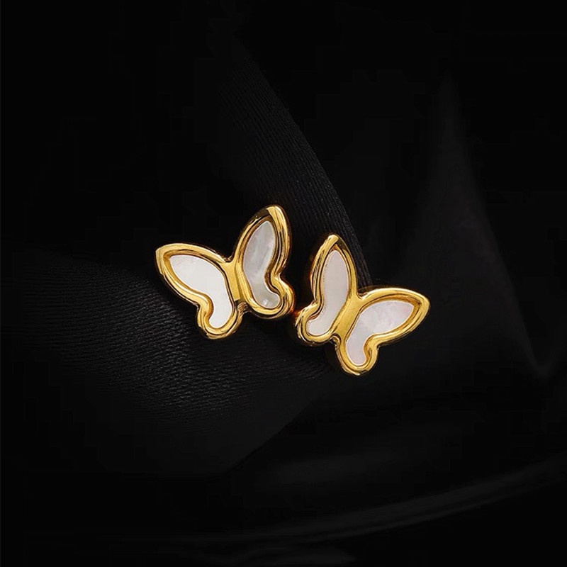 Anting Titanium Kupu-Kupu Fritillaria Premium Lapis Emas 18K Anti Karat Perhiasan Korea