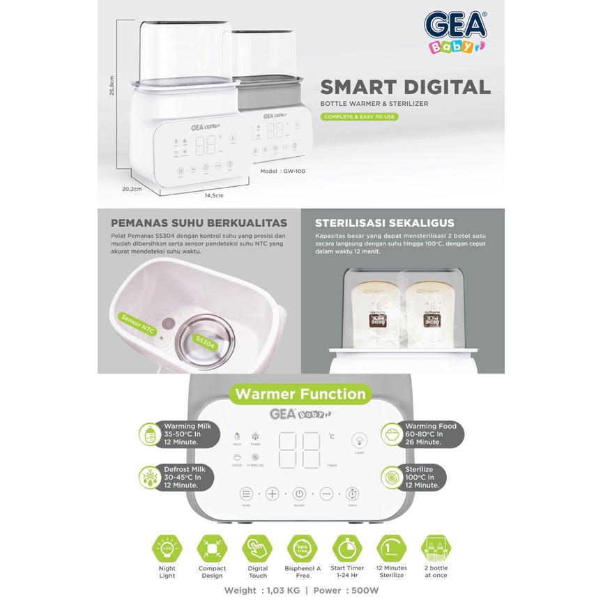 Gea Baby GW100 Smart Digital Bottle Warmer &amp; Sterilizer Penghangat ASI