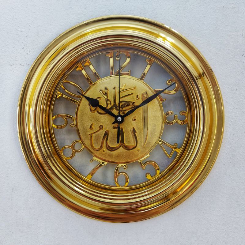 Jam Dinding Muslim Arab Mewah Mesin Sweep Kaligrafi Emas