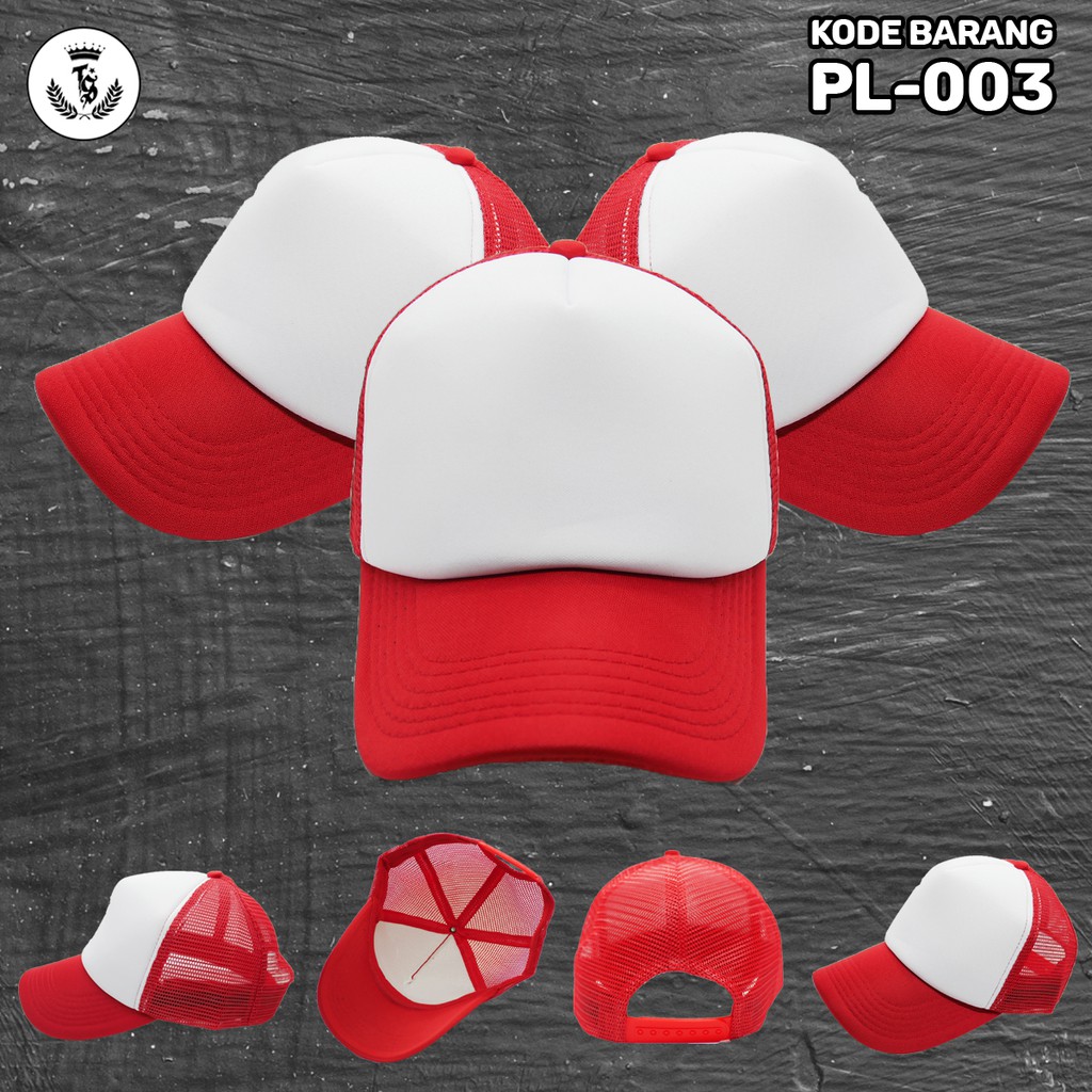 Topi Trucker Polos Merah Putih - Topi Jaring Polos - Topi Jaring