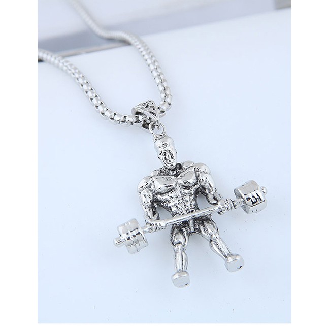 LRC Kalung Fashion Silver Metal Weightlifter Long Necklace A57450