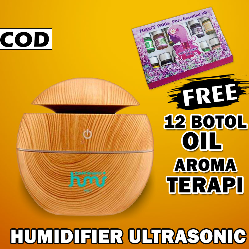 Humidifier Diffuser Aromaterapi Essential Oil Aromatherapy Disfuser Ultrasonic Pelembab Udara Pengharum Ruangan-Bulat - Kayu