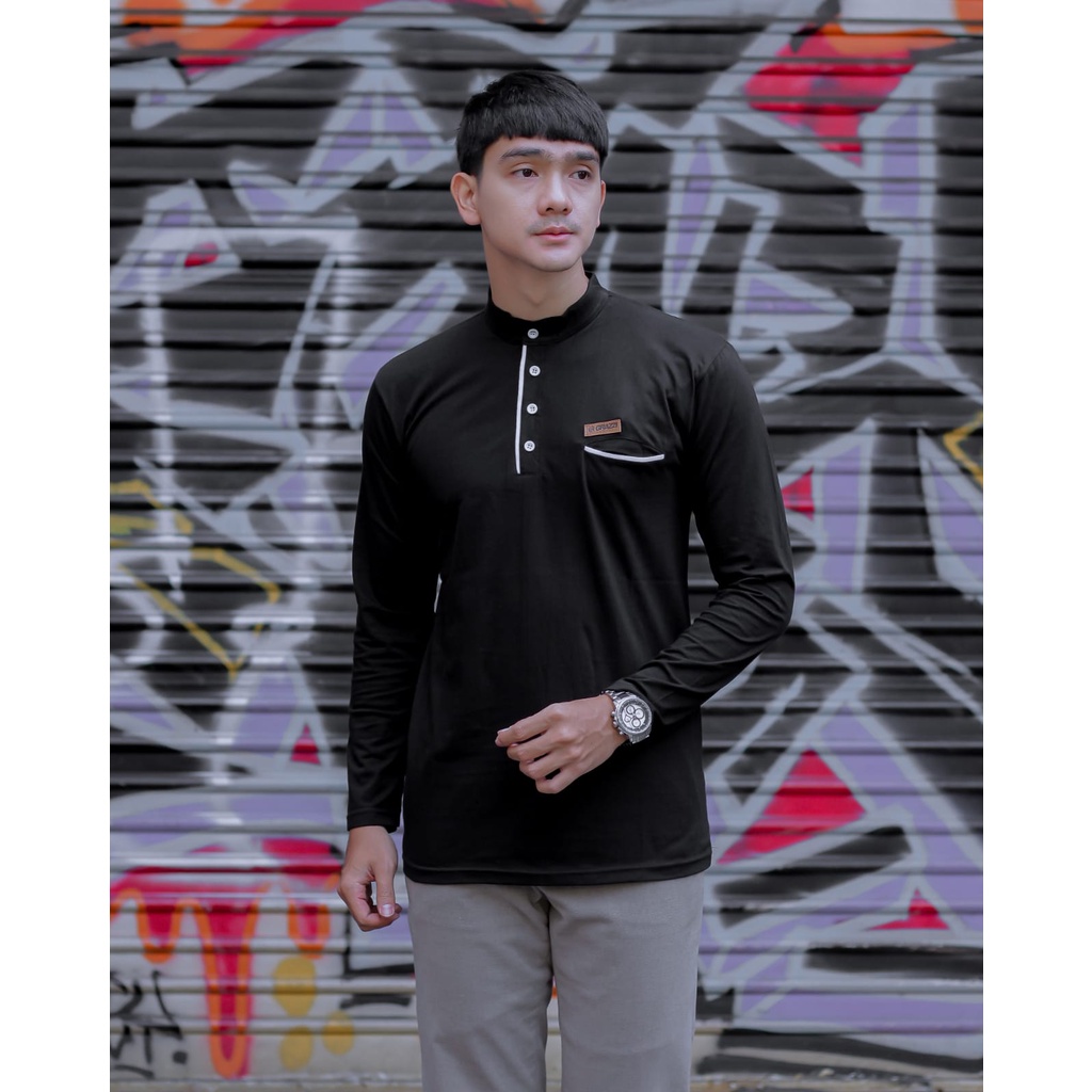 Grazzi Arrival Kaos Koko Polos Lengan Panjang Kerah Sanghai Warna Hitam Kaos Murah Pria