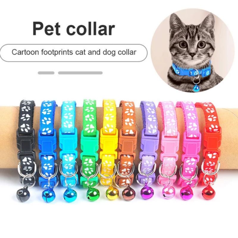 Kalung Kucing Motif Jejak Kaki Hewan Peliharaan - Tali Gesper Berlonceng Warna-Warni Binatang Pet Collar Leher Anjing