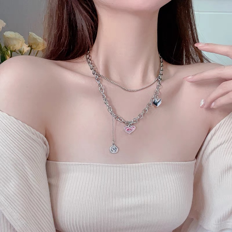 YEEZII Kalung Choker Rantai Ganda Liontin Hati Warna Pink Bahan Silver Untuk Wanita