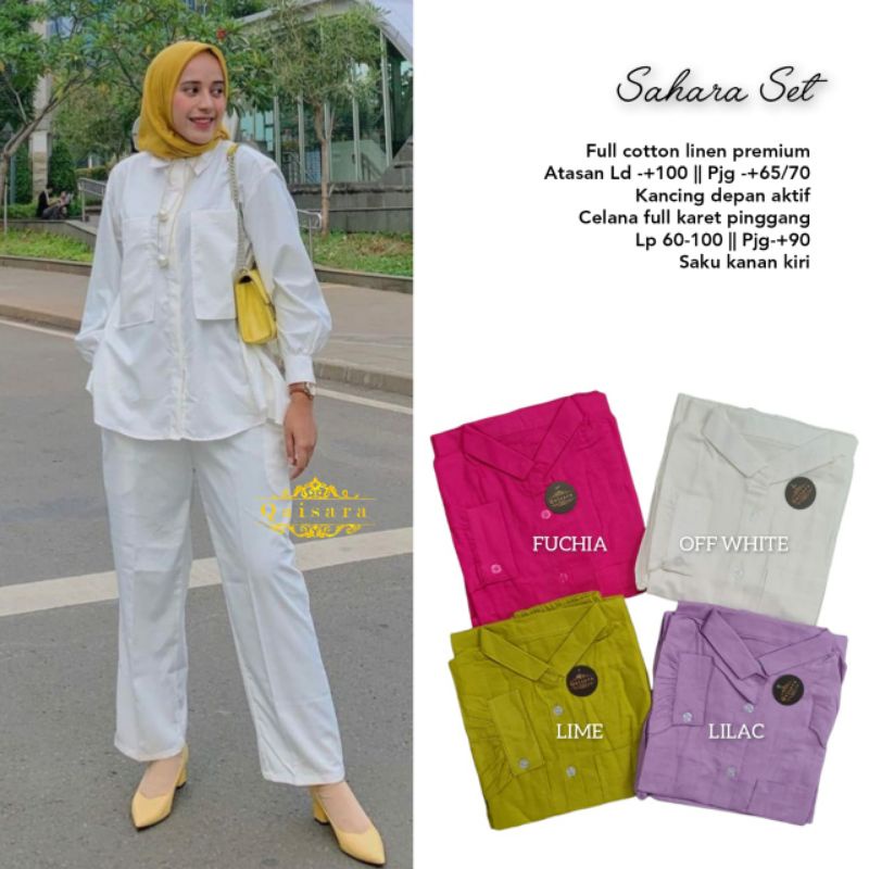 Putih Broken white Sahara Setelan Celana + Blouse Kemeja Setcel Katun Linen Polos Jumbo Ld 100 M-XXL