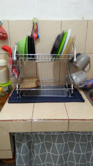 Rak Piring Stainless Minimalis Peralatan Dapur 2 Tingkat