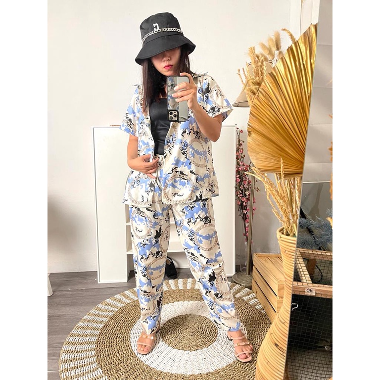 DAILY SET RAYON tiedye- HOMEY SET FIT Xl - PAJAMA SET RAYON -  PIYAMA RAYON MA-rantai biru