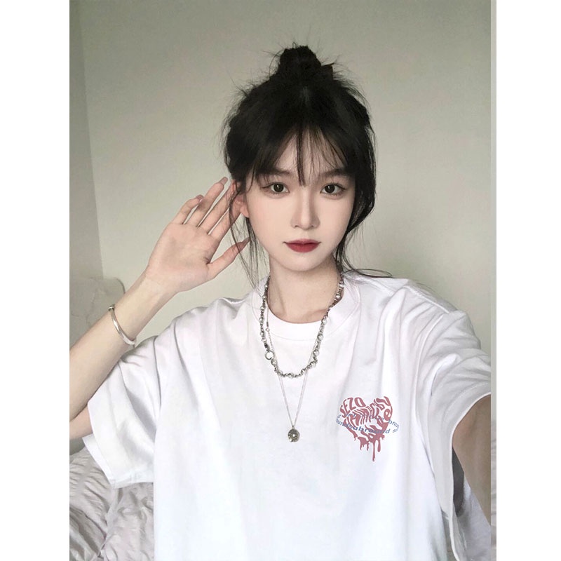 EUNII T-shirt Lengan Pendek Cinta Coretan Pencetakan Longgar Korean Style/Kaos Atasan Wanita/Baju Kaus Oversize Wanita