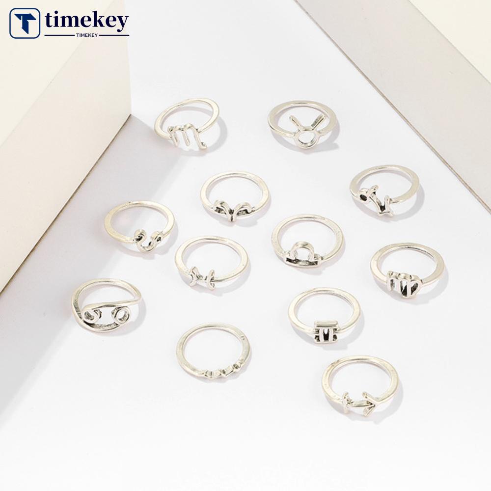 Timekey 12 / Set Cincin Buku Jari Aneka Bentuk 12 Zodiak Gaya Retro Untuk Wanita A4K8