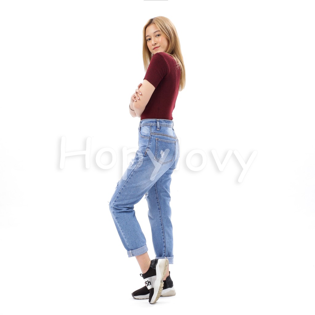 HOPYLOVY - Celana Boyfriend Jeans Sobek Lapis Furing BF Faranisa