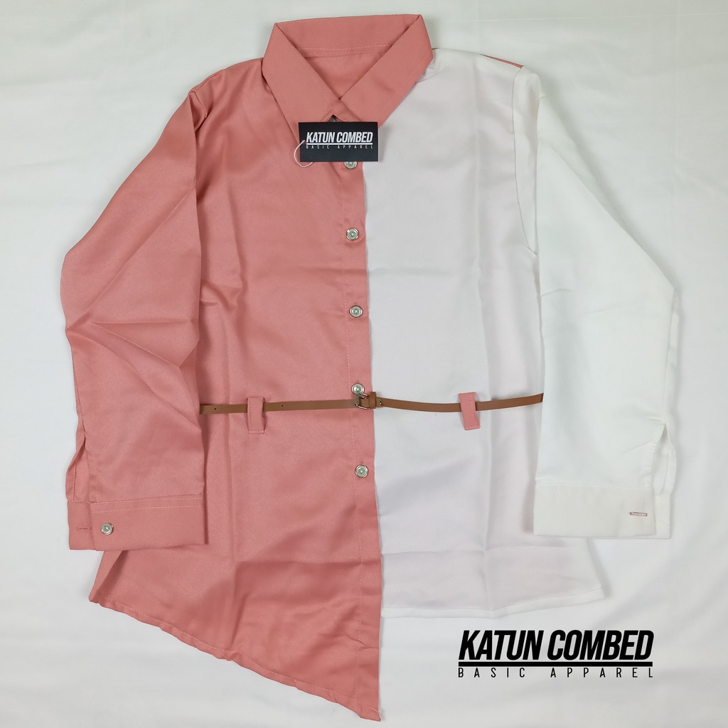 Kemeja Wanita Atasan Blouse Casual Polos Kombinasi Lengan Panjang Korean Style Model Ikat Pinggang-1