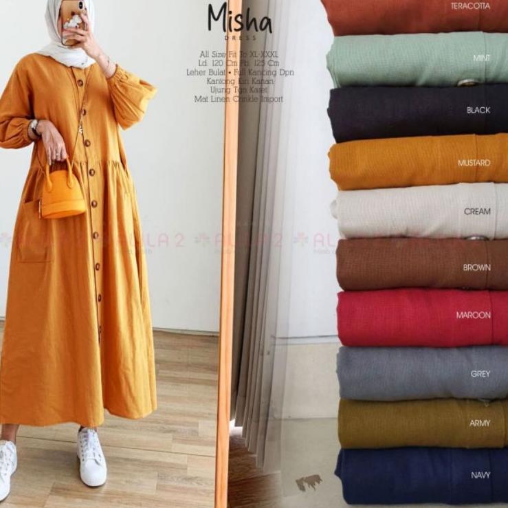 MISHA DRESS MIDI ALILA / MISHA 1 2 MIDI DRESS KATUN LINEN CRINKLE IMPORT LD120 JUMBO LONGTUNIK GAMIS