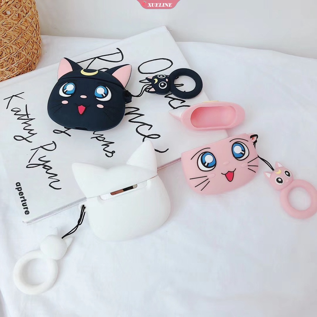 Cover Pelindung Headphone Bluetooth Bahan Silikon Anti Jatuh Motif Kartun Sailor Moon Luna Cat Untuk AirPods 1 2