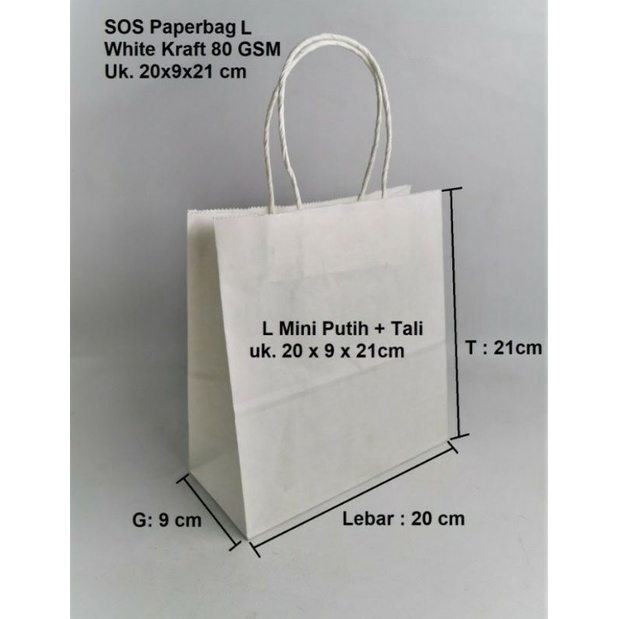 paperbag sos l kantong kertas putih 21x9x21cm 80 gsm   tali kertas putih twist