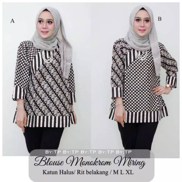 Blus Monokrom Miring Batik Modern Baju Wanita Muslimah Kantor Kasual