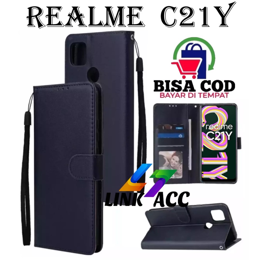 CASE FLIP REALME C21Y LEATHER CASE PREMIUM-FLIP WALLET CASE KULIT UNTUK HP REALME C21Y