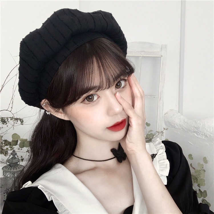 TBLI topi beret aksen line kain high quality baret hat painter import korea jepang