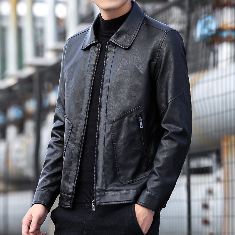 Pria Kulit Mantel 2022   Korea Tren Pria Mantel Jaket Kulit     Tengah usia Ayah