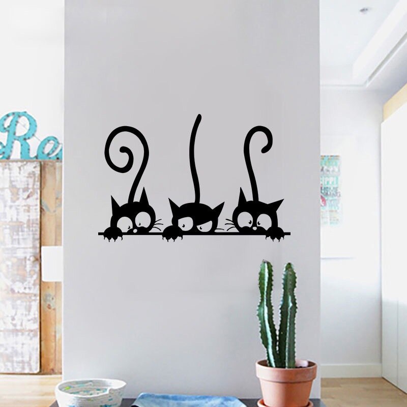 Stiker Dinding Bahan Vinyl Tahan Air Gambar Kucing Warna Hitam Untuk Dekorasi Rumah