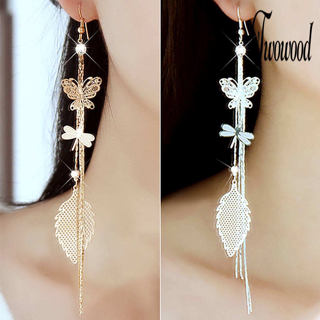 1 Pasang Anting Rantai Rumbai Desain Butterfly Dragonfly Leaf Linear Aksen Berlian Imitasi Untuk Wanita