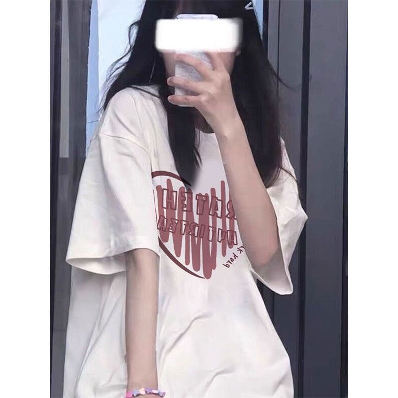 EUNII T-shirt Lengan Pendek Doodle Cinta Hati Pencetakan Longgar Korean Style/Kaos Atasan Wanita/Baju Kaus Oversize Wanita