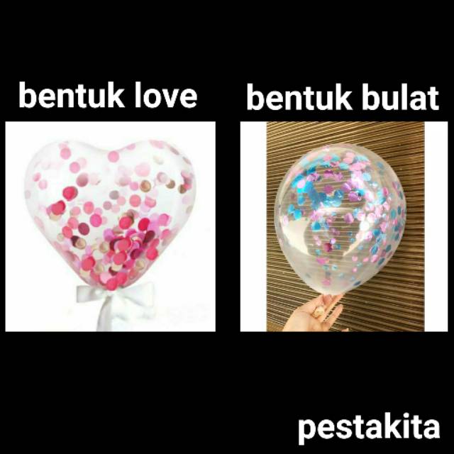 Balon Latex Transparan Confetti bentuk love bulat 12 inch