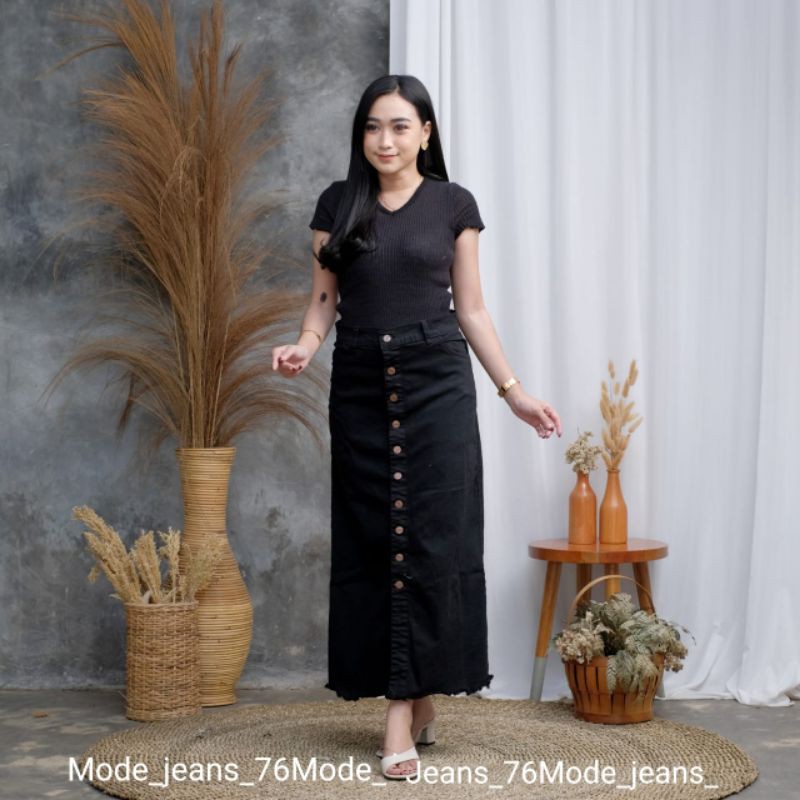 ROK JEANS PANJANG GISCA KANCING DEPAN // ROK JEANS WANITA KANCING DEPAN AKTIF