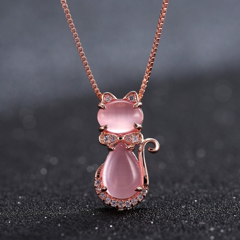 [Ready Stock]Fashion Inlaid Pink Crystal Cat Pendant Cute Necklace