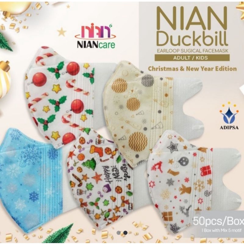 Masker Natal Duckbill Dewasa isi 5 Motif 50pcs Surgical Mask Medis / Edisi Christmas cocok utk kado 