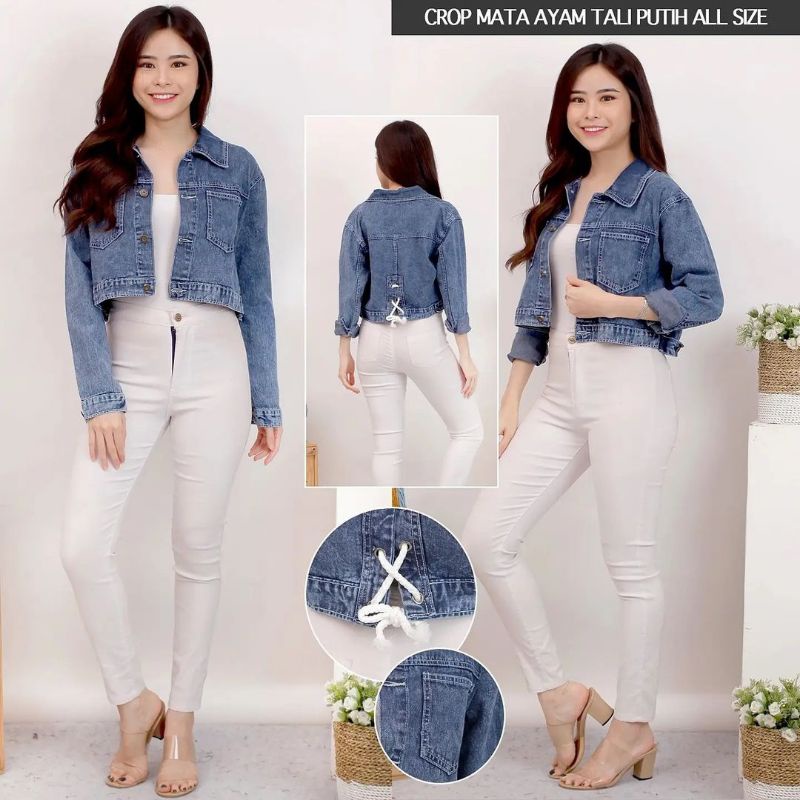 JAKET CROP MATA AYAM TALI PUTIH ALL SIZE | STYLE WANITA MASA KINI | JAKET JEANS WANITA