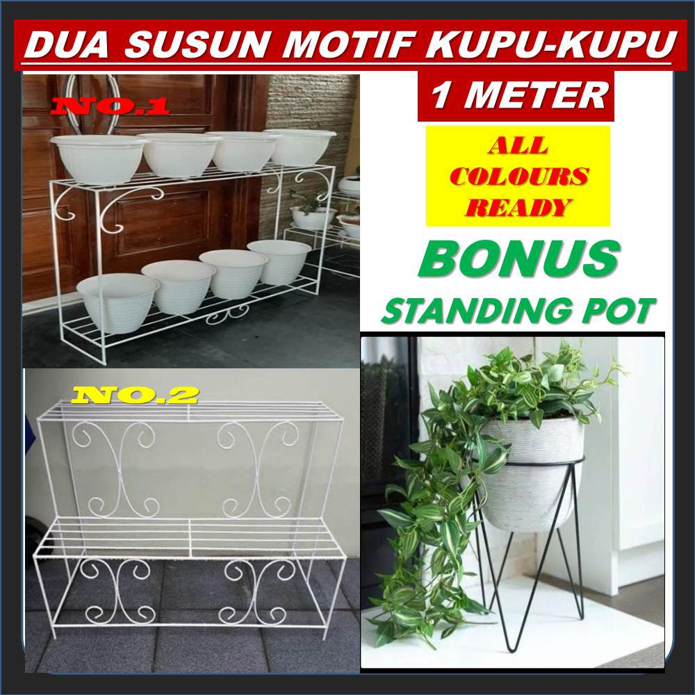 Rak Pot Bunga Besi Minimalis Susun 2 Dudukan Standing Pot Panjang 1 Meter Model Kupu-Kupu