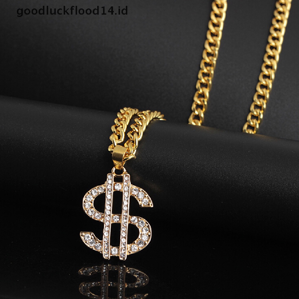 [OOID]  Gold Plated Crystal Dollar Sign Pendant Necklace Gangster Pimp Hip Hop Chain ID