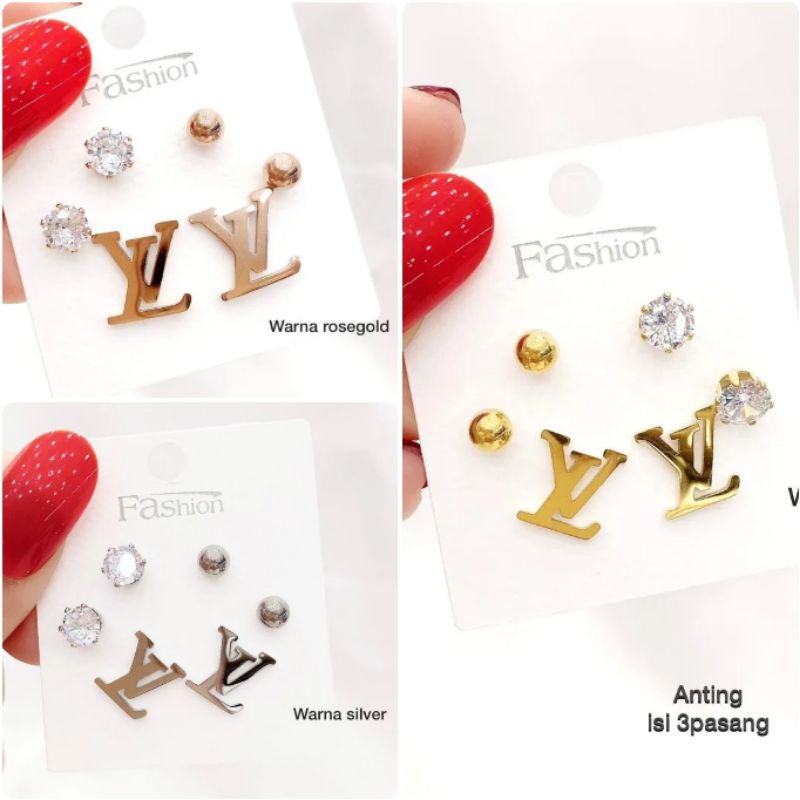 Anting Titanium Asli Set isi 3 pasang anting Anti karat anti alergi Premium Quality Stainless steel ori Premium 770